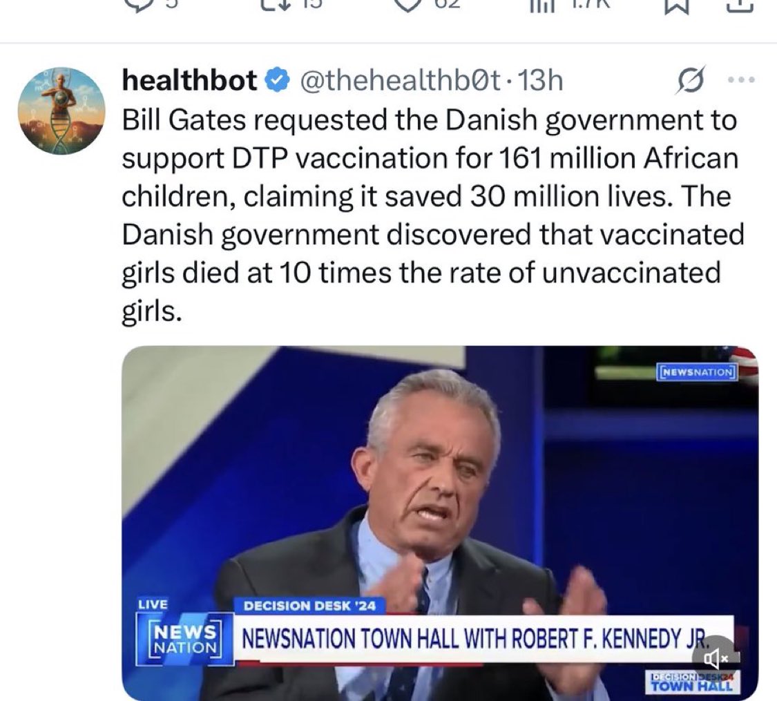 DrNeilStone's tweet photo. No, girls vaccinated with diphtheria/tetanus/pertussis (DTP) vaccine did NOT die at 10 times the rate of unvaccinated girls
RFK Jr is wrong AGAIN
As he has been for decades, on everything to do with vaccines https://t.co/PARiLWT2GV