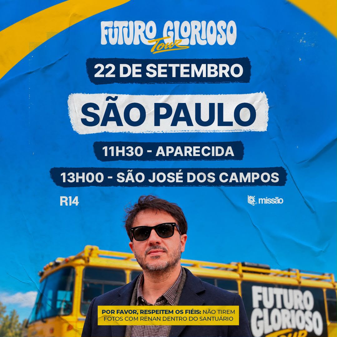 RenanSantosMBL's tweet photo. O Futuro Glorioso Tour continua por São Paulo! Nesta terça-feira, 22/09, a programação passa por Aparecida e São José dos Campos. 

🕥 10h30 — Missa em Aparecida
📍 Santuário Nacional de Nossa Senhora da Conceição Aparecida
Av. Dr. Júlio Prestes, s/n — Ponte Alta, Aparecida/SP

🕦 11h30 — Encontro com Renan Santos
📍 Estacionamento do Santuário Nacional

⚠️ ATENÇÃO: por favor, respeitem os fiéis e o momento religioso. Não tirem fotos com Renan dentro do Santuário. O encontro e as fotos serão feitos no estacionamento, após a missa.

🕑 13h — São José dos Campos
📍 Universidade do Vale do Paraíba — Campus Castejón
Praça Cândido Dias Castejón — Centro, São José dos Campos/SP

Confira as atualizações da agenda em https://t.co/EBNYTtRif5
