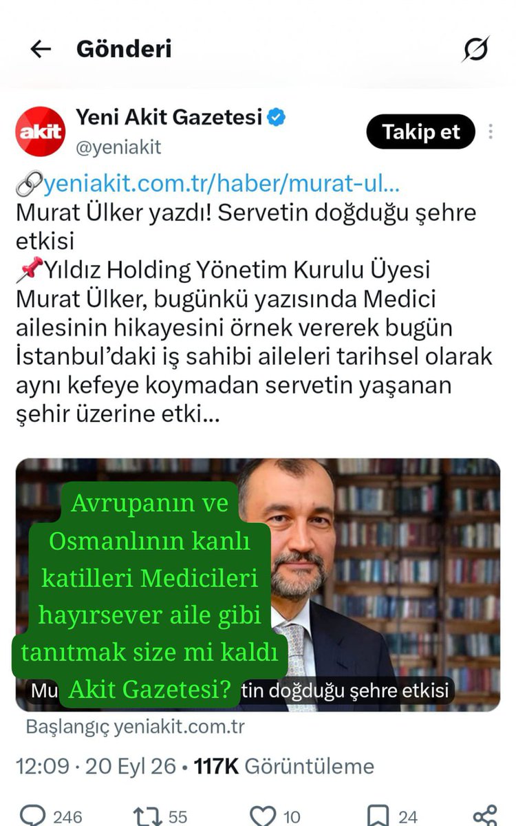 Ebsofuoglu's tweet photo. Medici ailesinin reklamına alet olmak Akit gazetesini düşmemeliydi. Zira Medici ailesi tapınakçı ve siyonistdi. 

Avrupa'yı Protestan ve Katolik şeklinde ikiye bölerek kanlı çatışmalarının önünü açan Rönesans Reform hareketlerinin en büyük mimarları Medicilerdi. 

Avrupa birbiriyle ile çatışmış bize ne diye düşünmeyin lütfen. Elbette biz Hristiyan değiliz ve Hristiyanlığın ikiye bölünmesi bizi çok fazla alakadar eden bir durum değildir. Bizi bir boyutuyla alakadar eder ama burada o tartışmaya girmemek için bu konuyu kısa kesiyorum.

Ancak Rönesans Reform hareketleri ile ve daha sonra Fransız İhtilali ile güçlenen tapınakçılar Osmanlı İmparatorluğunu yıkacak dereceye bu süreçte erişmişlerdi. 

İşte Mediciler hem tapınakçı hem de siyonist idiler. 

Çok yazık!

Önce Avrupa'nın kanlı bir şekilde birbiriyle çatıştırılmasına daha sonra devam eden süreçte de Osmanlı'nın yıkılmasına en büyük destekleri veren Medicilerin, bulunduğu şehirleri imar eden hayırsever kuruluş gibi tanıtılmasına keşke alet olmasaydınız.

Bundan başka Murat Ülker'in dünyadaki birçok aileler içerisinden seçe seçe Medicileri tercih etmesini de bir kenara not etmek gerekir.

Bu bağlamda Medicilerin, bulundukları şehirlere hizmet etme yalanları şöyle dursun bulundukları şehirleri ve ülkeleri kana bulayan ihtilallerin savaşların finansörleriydiler. 

Az önce söylediğim gibi sağlamış oldukları finansal desteklerle önce yaşadıkları şehirlerde daha sonra tüm Avrupa'da katoliklerin protestanların birbirlerini kesmelerine yol açacak mezhep savaşlarının en büyük mimarlarıydılar. 

Bunları söylemekle Katolik Protestan arasındaki savaş tartışmasına dahil olmak amacıyla ifade etmiyorum ama bulundukları şehirleri, ülkeleri nasıl kana buladıklarını ortaya koymaya çalışıyorum. 

İşte başta İtalya ve tüm Avrupa'yı nasıl böyle kana bulamışlarsa 19. yüzyıldan itibaren Osmanlı topraklarını da kana bulayan ailelerden birisiydi Mediciler. 

Yani Avrupa'da başladıkları, Avrupa'yı birbiriyle çatıştırma türü kanlı fitne eylemlerine Osmanlı'da da devam ettiler ve Osmanlı'yı paramparça ederek yıkılışına en büyük desteklerden birini verdiler. Kısaca, Avrupa'yı kana bulayan Mediciler Osmanlı'nın da katilleriydiler

Bunlar mı hayırsever aile?

Murat Ülker seçe seçe bu aileyi mi buldu? 

Ya da Murat Ülker, bu aileyi neden seçti acaba?

Dünyada tercih edilecek daha düzgün bir aile yok muydu?