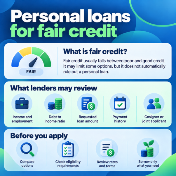 SimpleFastLoans's tweet photo. Fair credit does not automatically rule out a personal loan.

Lenders may also consider income, existing debt, loan amount, and other factors when reviewing an application.

See what to expect before applying:
https://t.co/4mORUxvnQl
#PersonalLoans #CreditTips https://t.co/hqaBD5sLWT