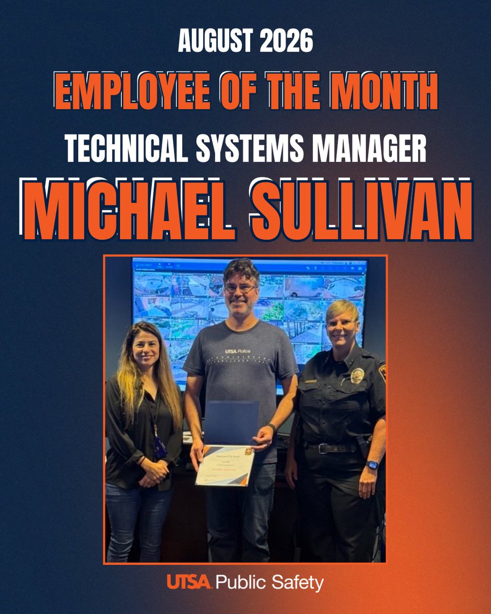 UTSA_Police's tweet photo. 🏆 Employee of the Month: Michael Sullivan

Michael Sullivan demonstrated exceptional leadership, dedication, and technical expertise during the recovery from a network outage that impacted Public Safety systems on August 15. https://t.co/Ic9Bmsq3ct