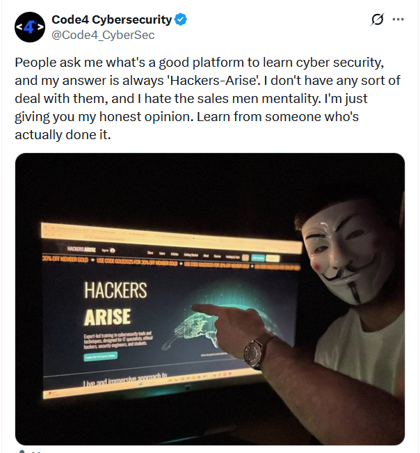 three_cube's tweet photo. Hackers-Arise is a Multi-National Cybersecurity Training Company  Offering The Best Cybersecurity Training On The Planet!                                             

Listen To What Our Students Are Saying!                                      

What are YOU waiting for?  

https://t.co/5xzmW533pw