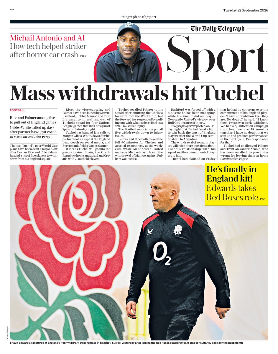 AndyGibsonTV's tweet photo. "MASS WITHDRAWALS HIT TUCHEL"
@Matt_Law_DT / @JPercyTelegraph for @TelegraphSport
Declan Rice and Cole Palmer headed five withdrawals from Thomas Tuchel's England squad ahead of Nations League games starting against Spain.
#DailyTelegraph
#TomorrowsPapersToday