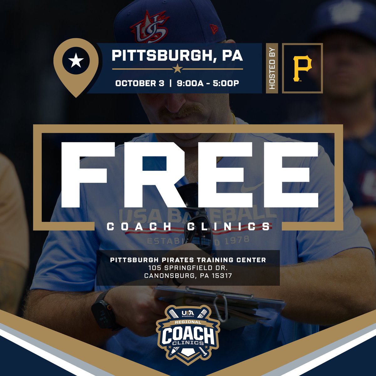 USABaseCoach's tweet photo. Here we come, Pittsburgh! 🏴☠️
Register today for the first of four FREE Regional Coach Clinics this fall, featuring a full day of learning from some of the game’s best coaches! ⚾
🔗: https://t.co/mvkAkrEfdg https://t.co/rANrCBALo7