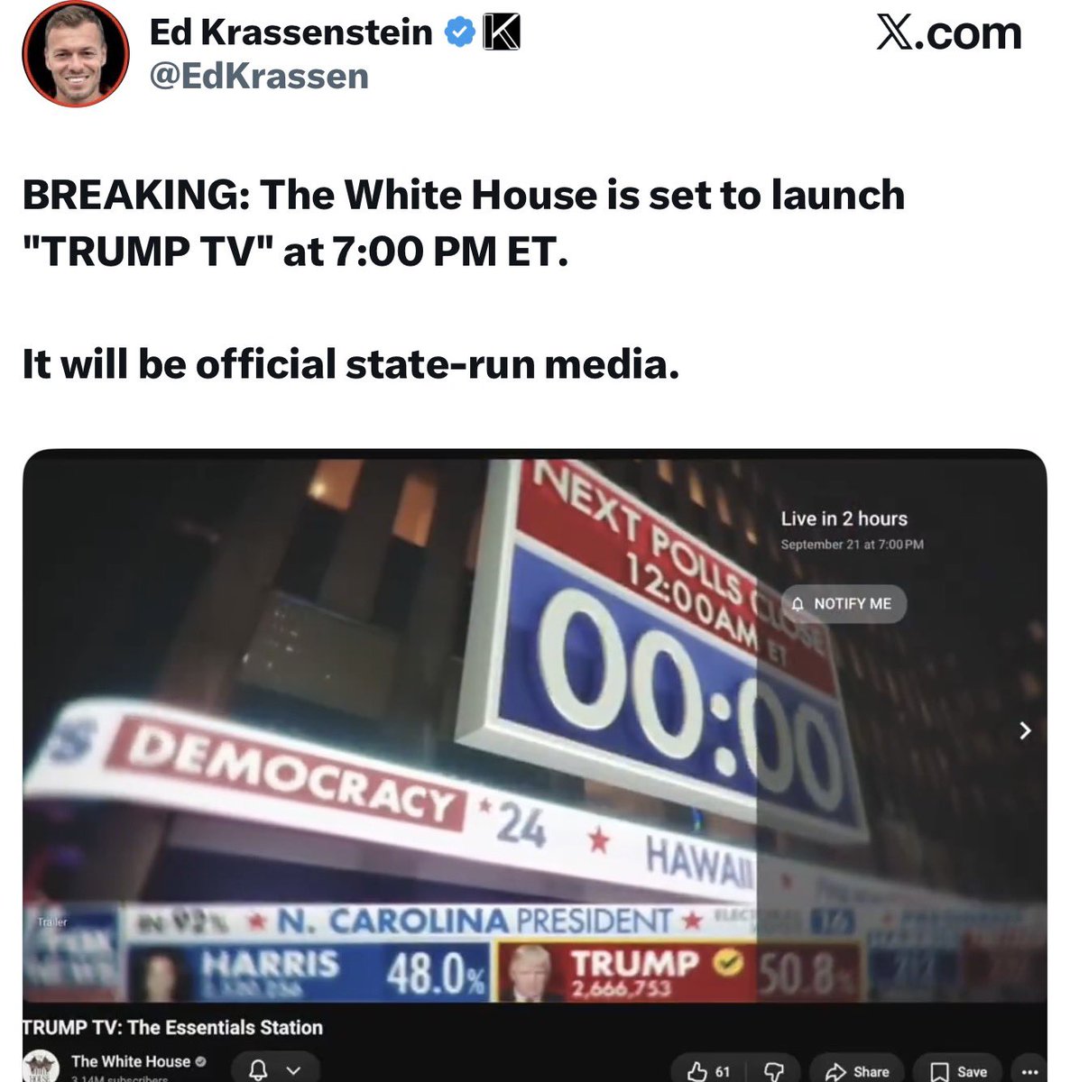 broapago's tweet photo. The White House posted a trailer for TRUMP TV The Essentials Station going live at 7 PM ET. Ed Krassenstein calls it official state run media after CNN Politico and MS NOW lost access and networks paused the shared TV pool. Trump is at events in New York tonight so this looks like branded official video rather than a new live network.