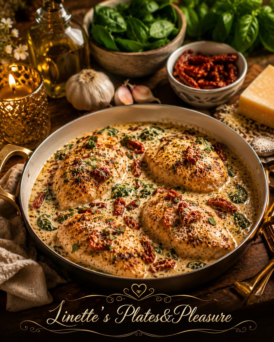 BridgetteMaxham's tweet photo. Marry Me Chicken: tender chicken with sun-dried tomatoes, Parmesan, and a silky garlic cream sauce. Sear seasoned chicken, sauté garlic and tomatoes, add stock, cream, and Parmesan, then simmer 10–15 minutes. Finish with basil. https://t.co/dmu6kYkSlz