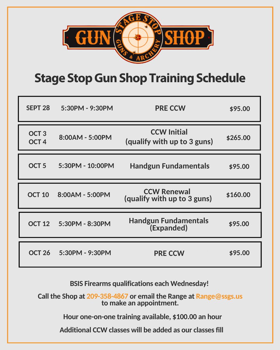 stagestopgun's tweet photo. Upcoming training classes include Pre-CCW, CCW Initial, and Handgun Fundamentals. Call or stop by the shop to pay for your spot.
#StageStopGunShop #CCWTraining #HandgunTraining https://t.co/Um5QqpMW7c