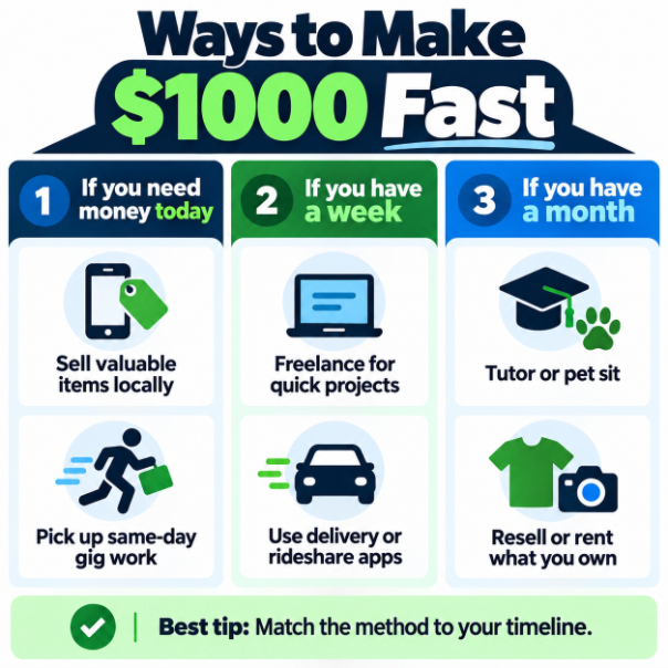 SimpleFastLoans's tweet photo. Need to make $1,000 fast? Your best option depends on whether you have a day, a week, or a month. Selling items, gig work, freelancing, and more fit different timelines.

See realistic options: https://t.co/7Qho3QKE7r

#SideHustle #MoneyTips https://t.co/7RavVhudMZ