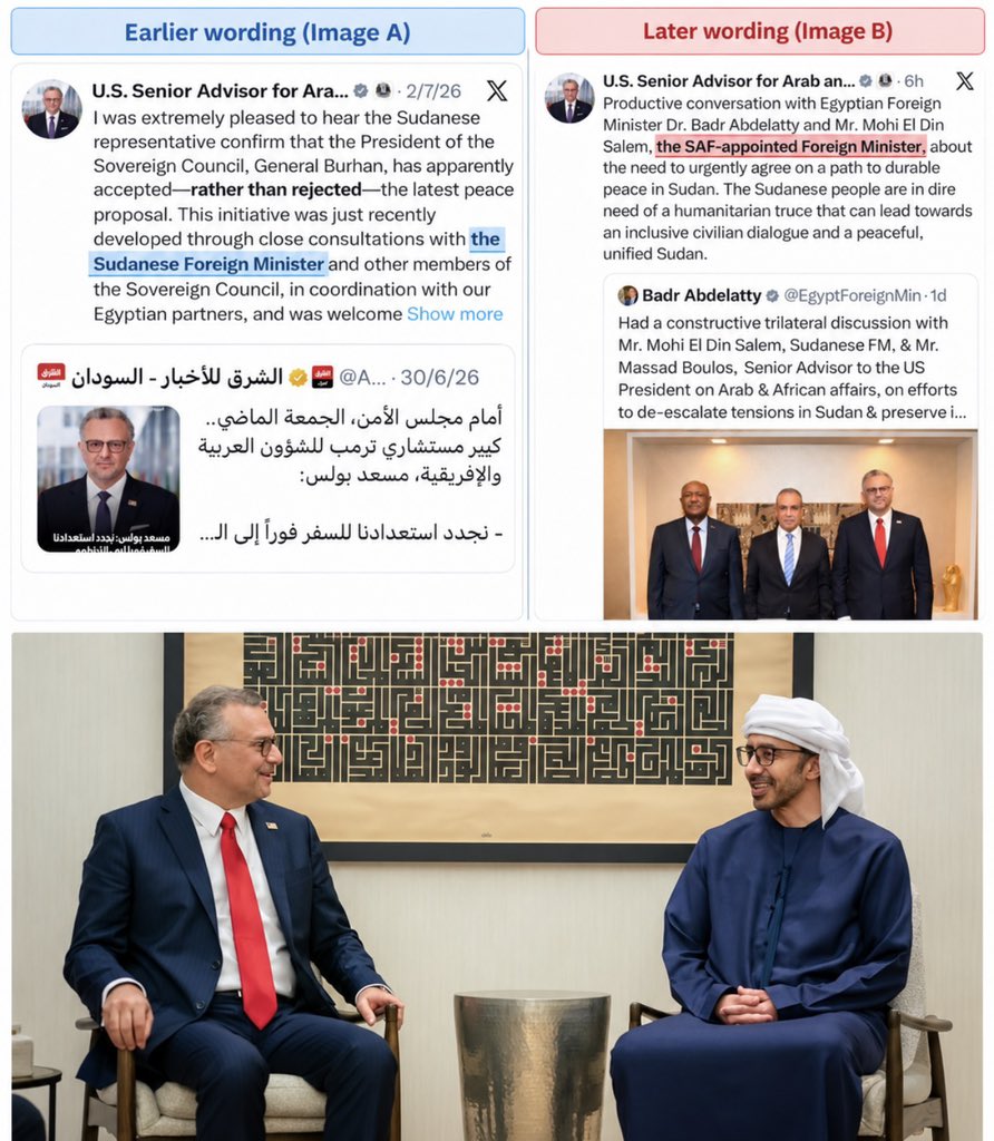 ahmadshomokh's tweet photo. Scrap dealer, UAE's proxy @US_SrAdvisorAF, knew perfectly well back in July that Ambassador Mohi El Din Salem had one title: "the Sudanese Foreign Minister". Period.

Then he spent a full week in UAE, the country waging a genocidal proxy against Sudan.

Apparently they put something extra in his tea, and his son’s, because he webt back with a revelation: Mohi El Din Salem is now "the SAF-appointed Foreign Minister". 😂

Amazing what a little Abu Dhabi infusion can do to diplomatic vocabulary. 🥲

A little Abdullah bin Zayed and MBZ magic, and suddenly even official titles start changing before your eyes. Abu Dhabi really does ruin your eyesight. 🤩😵‍💫😵‍💫

MBZ has very deep pockets! 🤣