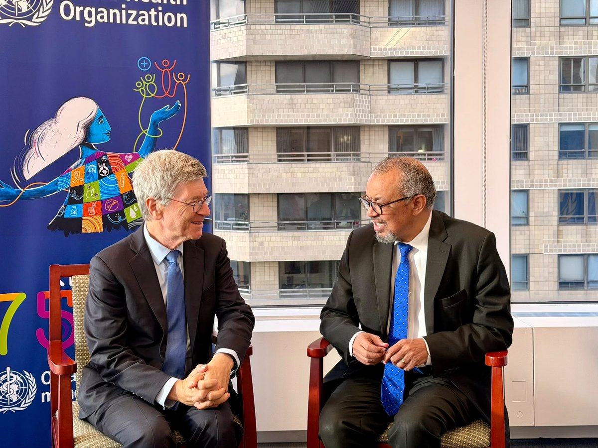 DrTedros's tweet photo. Great start to #UNGA week with my friend Jeff Sachs, catching up on @WHO reforms, the impact of geopolitics on global health, and my priorities to keep WHO sustainably funded and independent.

Thank you for your continued support, Jeff. https://t.co/LNgOSRXu7g