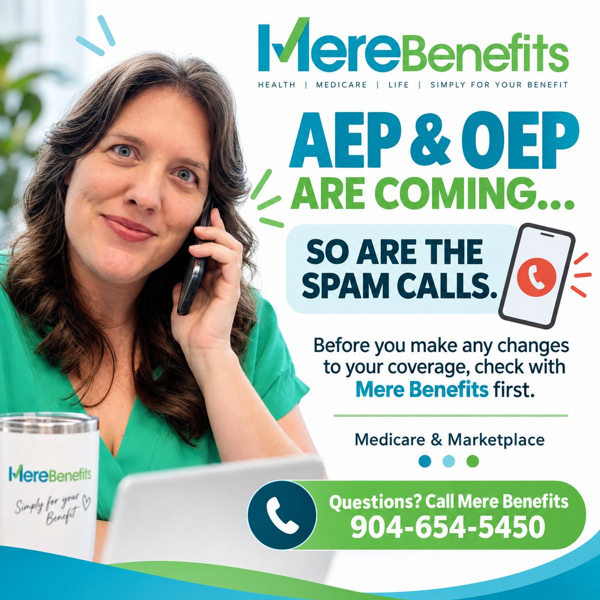 MereBenefits's tweet photo. Your phone is going to ring. A lot! As Medicare AEP &amp; Marketplace OEP approach, remember: caller ID isn’t proof of who’s calling, and an unexpected enrollment could change your agent of record. Before making changes to your coverage, check with Mere Benefits first. 👈 https://t.co/RU0xGjMJhZ