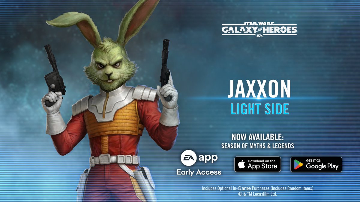 LucasfilmGames's tweet photo. A new hero has arrived #ontheholotable in STAR WARS™: Galaxy of Heroes. First introduced in early print adventures and featured across modern comic book storytelling and more, this quick-witted Lepi smuggler brings high evasion and disruptive counter-attacks to your roster. Add Jaxxon to your squad and take on the latest season: Era of Myths & Legends. 

Play on mobile or PC https://t.co/2xdatTX7EC