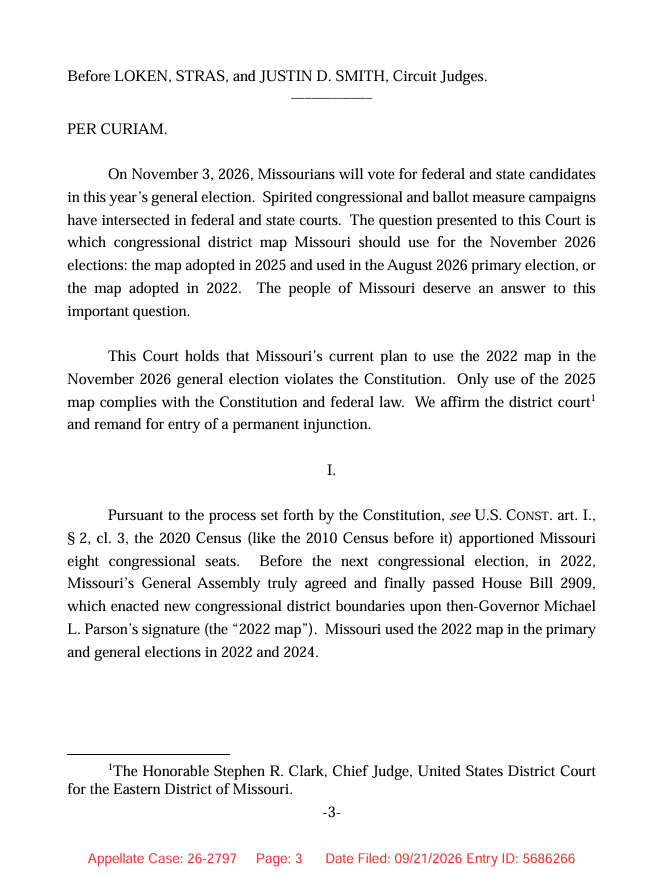 scotus_wire's tweet photo. BREAKING: The Eighth Circuit ruled that Missouri must use its 2025 congressional map in November, holding that switching to the 2022 map after the August primary violates the Constitution. The court ordered entry of a permanent injunction, but paused it for one week. https://t.co/gBgpfQWKwI
