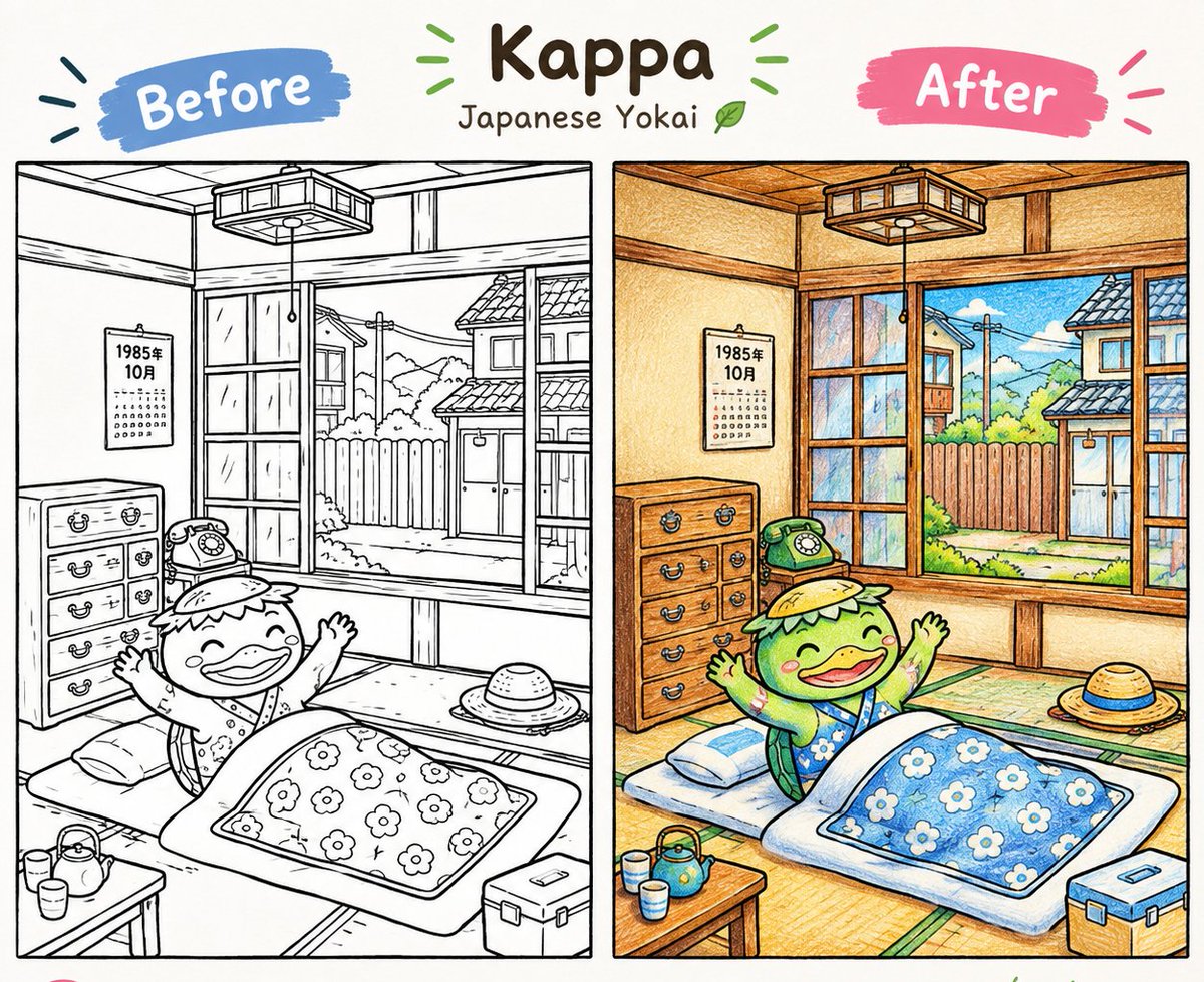 JapanYokaiColor's tweet photo. How would YOU color this Kappa?

Before → After ✨

I chose:
💚 Green skin
💙 Blue floral blanket
💛 Yellow hat
But I want to see your color combination 👀
What colors would you give this kawaii Kappa? 
Reply with your idea!
#Kappa #Yokai #JapaneseYokai  #ColoringPage #Kawaii https://t.co/Diqz31mfmO