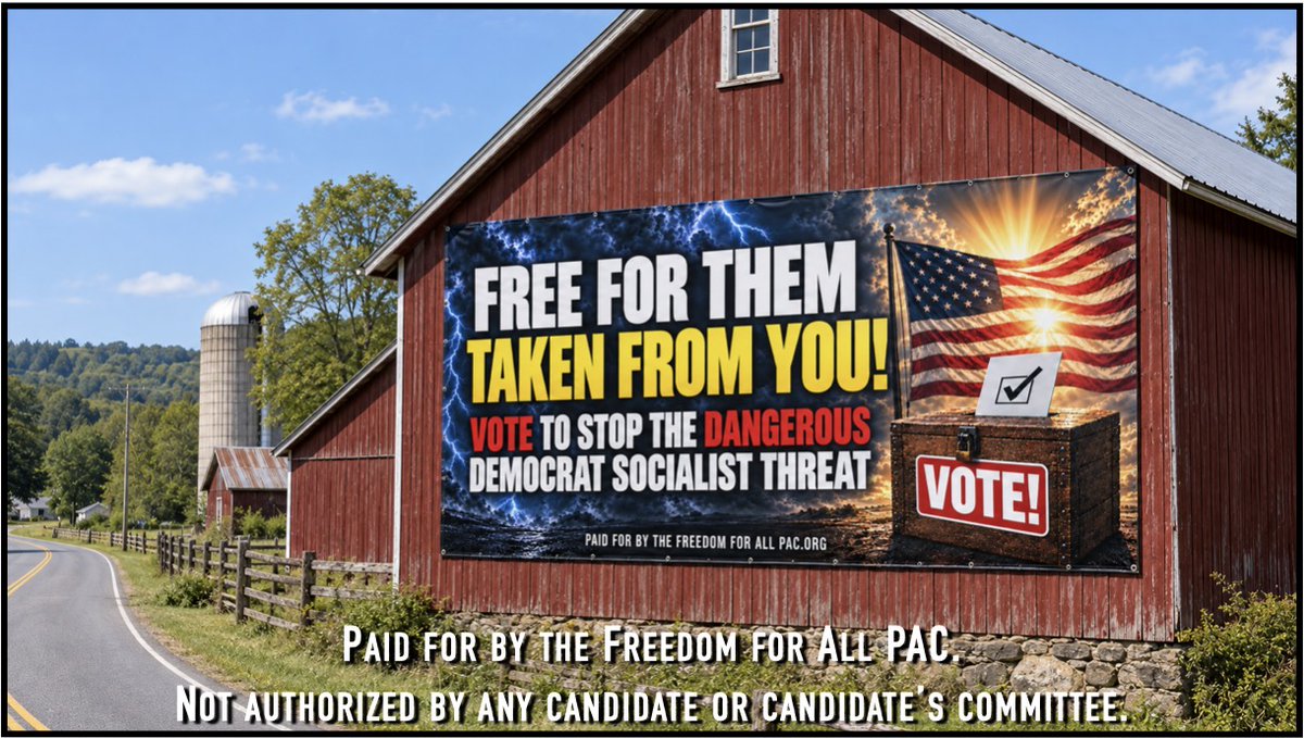 FFA2026PAC's tweet photo. If you own a barn or a building on a busy highway, we'd like to send you a huge banner like this one to hang on it for this election! Paid for by Freedom for All PAC. Not authorized by any candidate or candidate’s committee.