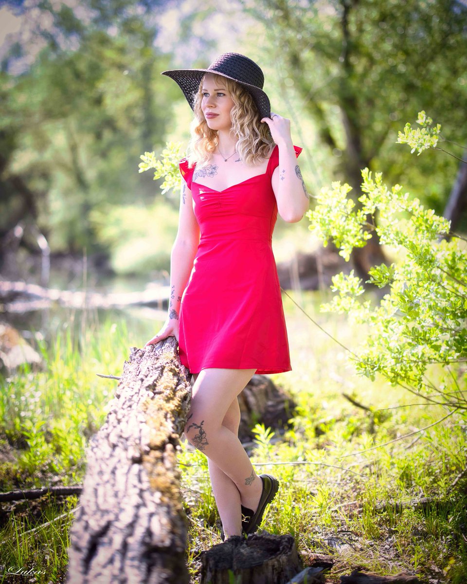 HaileyBenkitt's tweet photo. In a scarlet dress, a vibrant bloom. Beside ancient woods, beneath the sun’s warm glow, spring awakens. https://t.co/AGuV4ZsAS3
