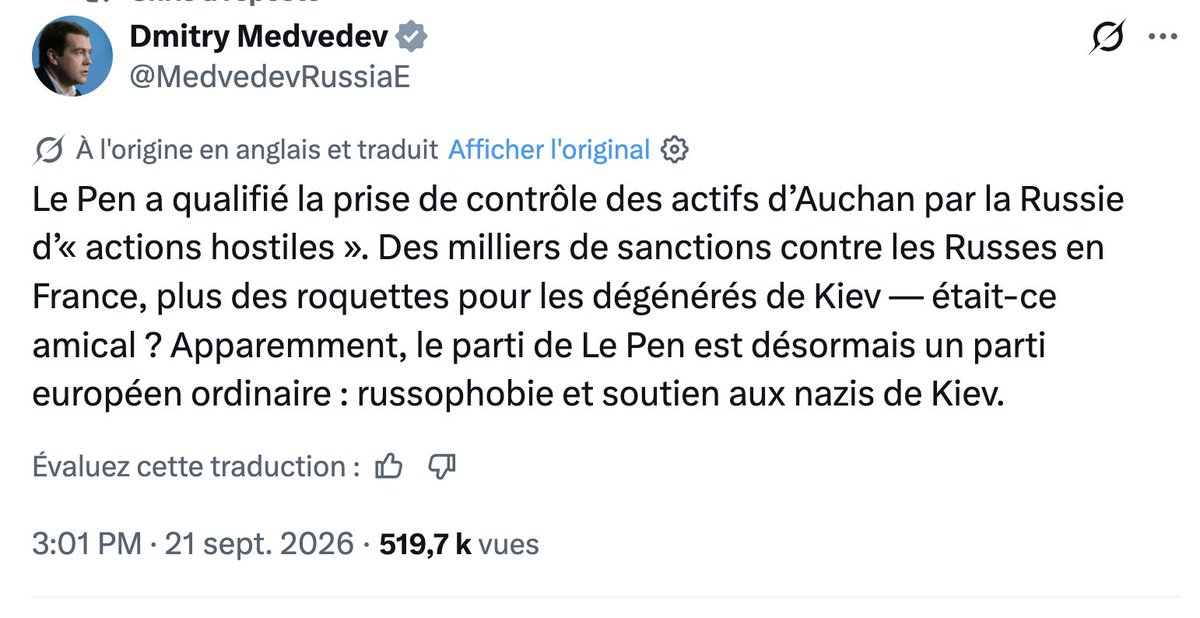NapoLeon1226391's tweet photo. Marine Le Pen et Bardella sont vraiment des niais, des amateurs ou des complices.
Le RN vient de réussir à se mettre la Russie à dos en pactisant avec l'enculé de l'Elysée...
Bravo, très fort ! https://t.co/mVPg9pY5Yr