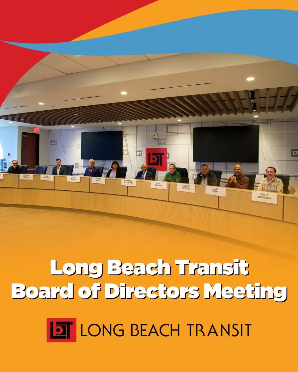 lbtransit's tweet photo. LBT’s next Board of Directors meeting will take place:⁠ ⁠ ⁠

📆 Thursday, Sept. 24, 2026⁠

⏰ 3:30 p.m.⁠ ⁠

📍 LBT Corporate Office, Board Chamber, 4801 Airport Plaza Dr., Long Beach, CA 90815. Parking structure at 5000 Airport Plaza Dr.⁠ https://t.co/B1sJdYYllh