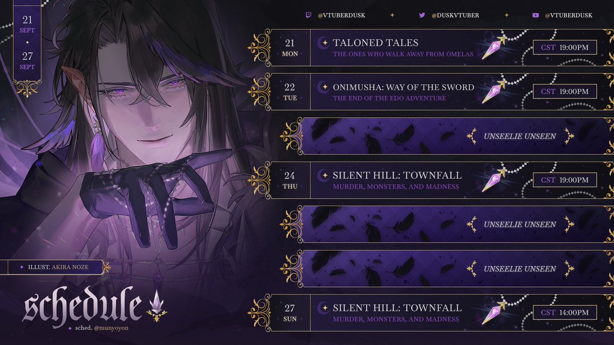DuskVTuber's tweet photo. ✦ Stream Schedule ✦  

New days dawn, new days die...

https://t.co/vWlp65qGQU   

Dusk Descends:  
🐦‍⬛ Monday - 7PM CST  
🐦‍⬛ Tuesday - 7PM CST 
🐦‍⬛ Thursday - 7PM CST
🐦‍⬛ Sunday - 2PM CST    

See you there, my murderlings...    

#DuskVT #VTuber #ENVTuber https://t.co/BkEfveJHDs