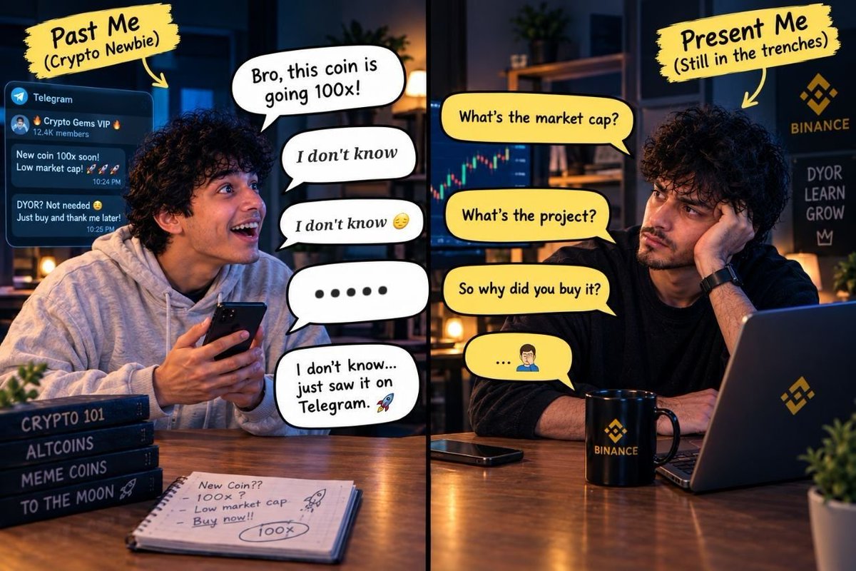 Third_Eye_000's tweet photo. If past me met present me, this is how the conversation would go 💀

My “Why Binance” story — told by the two versions of me who have seen VERY different sides of crypto. 😂

#BinanceCreator #WhyBinance 
@binance @cz_binance @heyibinance @_RichardTeng https://t.co/97u0N1b5Bu