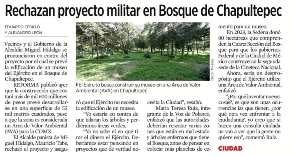gabysalido's tweet photo. 🌳​🪓 El proyecto para construir un Museo del Ejército de 55 mil metros cuadrados en el Bosque de Chapultepec representa una amenaza directa a una Área de Valor Ambiental. 

Resulta inaceptable que se pretendan talar árboles y devastar áreas verdes protegidas para levantar una obra que contraviene los planes de ordenamiento urbano y conservación ambiental de la Ciudad de México.  

​🚨 Nuestra ciudad no necesita más planchas de cemento ni ocurrencias millonarias; requiere de forma urgente el rescate de sus áreas naturales, atención a árboles enfermos y la recuperación de espacios públicos en abandono. 

Chapultepec pertenece a la ciudadanía y al medio ambiente, no a proyectos opacos que atentan contra la sustentabilidad de la capital.  

​🛑 Exigimos frenar la tala, respetar el valor ambiental de la zona y priorizar las verdaderas necesidades urbanas y ambientales de la población.  

​#ElBosqueNoSeToca #ChapultepecVerde #NoAlMuseoEnChapultepec #DefensaAmbiental #CDMX