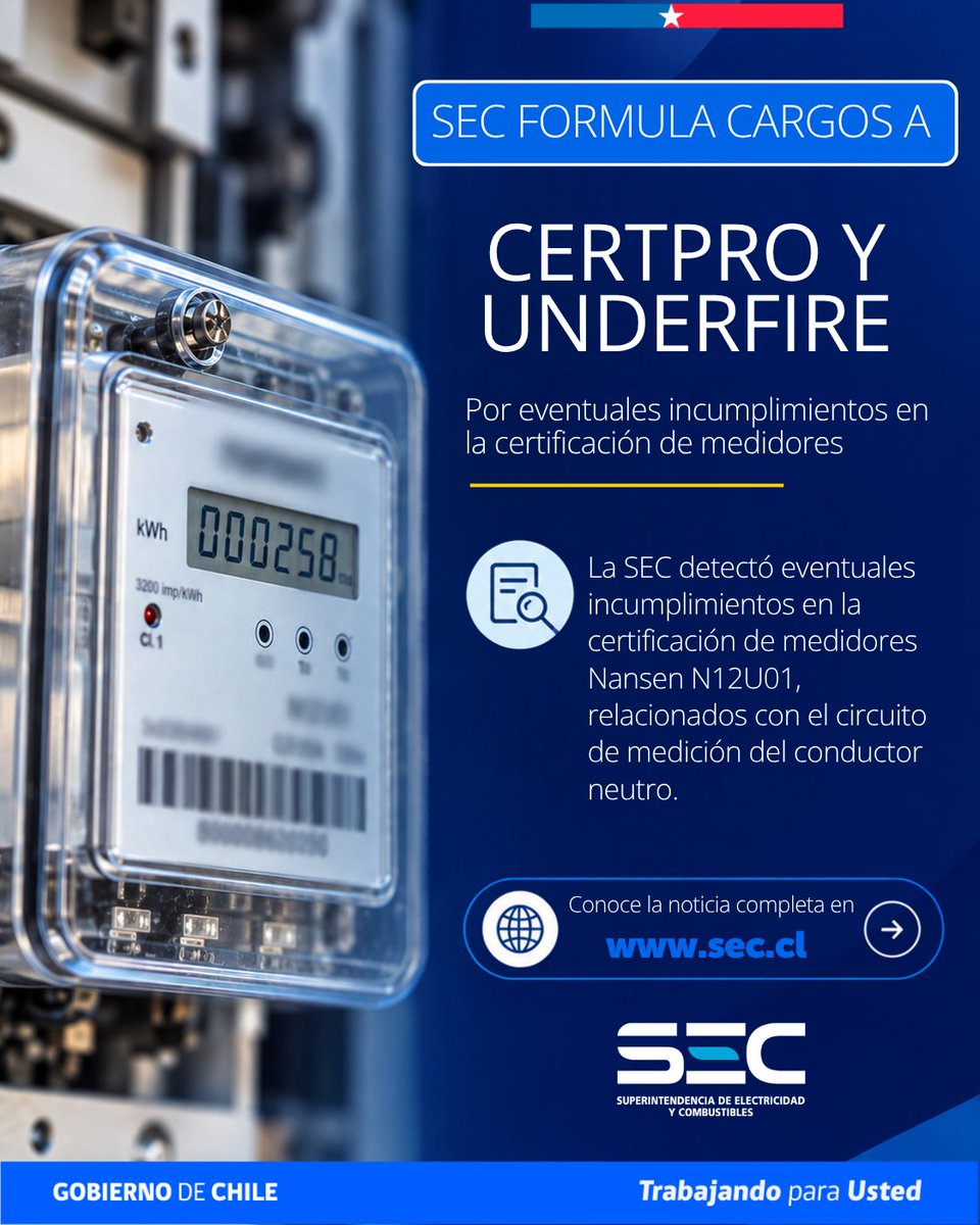 SEC_cl's tweet photo. ⚡ SEC formula cargos a Certpro y Underfire

La medida se relaciona con eventuales incumplimientos en la certificación de medidores Nansen N12U01, tras detectarse antecedentes vinculados al circuito de medición del conductor neutro.

🔎 La investigación continúa.

Revisa la nota aqui👉 https://t.co/utU5mVQOmG

#SEC #Fiscalización #EnergíaEléctrica #MedidoresInteligentes