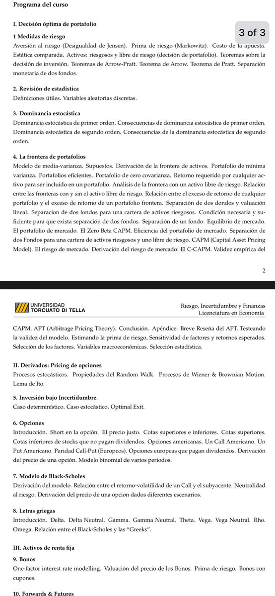 MathNStats4Ever's tweet photo. @greeksold1er @cafe_n_pucho Olvídate, ser quant es el sueño del pibe de económicas. Acá en UTDT hay una materia que se llama RIF donde se ve teoría de portafolios/Markowitz con bastante dosis de matemática, alguito de cálculo estocastico con Lema de Ito + Black-Scholes, etc. Va para ese lado la onda https://t.co/Ahg0FUNMDw