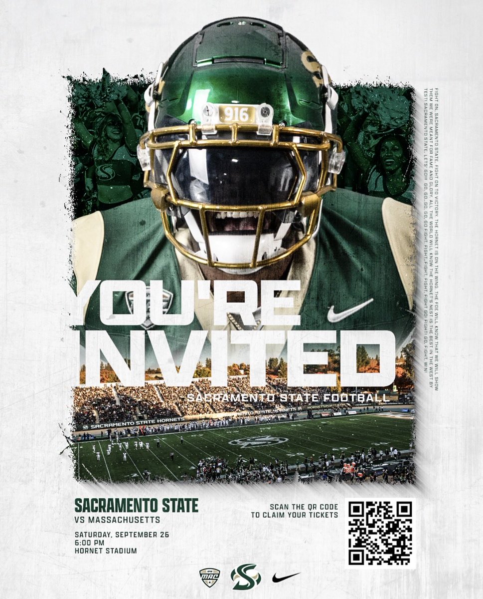 Coachrichbrown's tweet photo. Come experience the NEW ERA of Sacramento State Football. the energy, the atmosphere, the brotherhood, and what it means to be a Hornet. 

SAC STATE  vs. UMASS
📅 Saturday, Sept 26, 2026
⏰ Kickoff: 6:00 PM
📍 Hornet Stadium 
Scan the QR code for your game-day tickets https://t.co/nCJqEQuofC