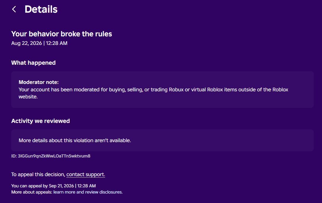 TerrorCusp's tweet photo. Day 29, the "specialist" is not helping at all. 
My account "CuspTerror" was falsely moderated, it holds thousands of dollars worth of Robux and all of my work.
@Roblox @Roblox_RTC Please get a human to review this. https://t.co/lm4SO78AfK