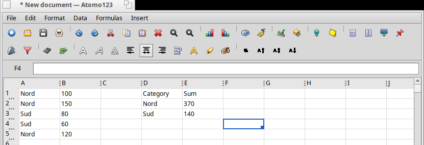 atomozero's tweet photo. Work continues on #XLSX compatibility: Screenshot showing a working pivot table in the real app: source data in A1:B5 (Regione/Importo), and the pivot output in D1:E3 grouping by category (Nord=370, Sud=140), created via Insert → "Pivot table...". #atomo123 #haikuos #excell https://t.co/MmvF2VC07X