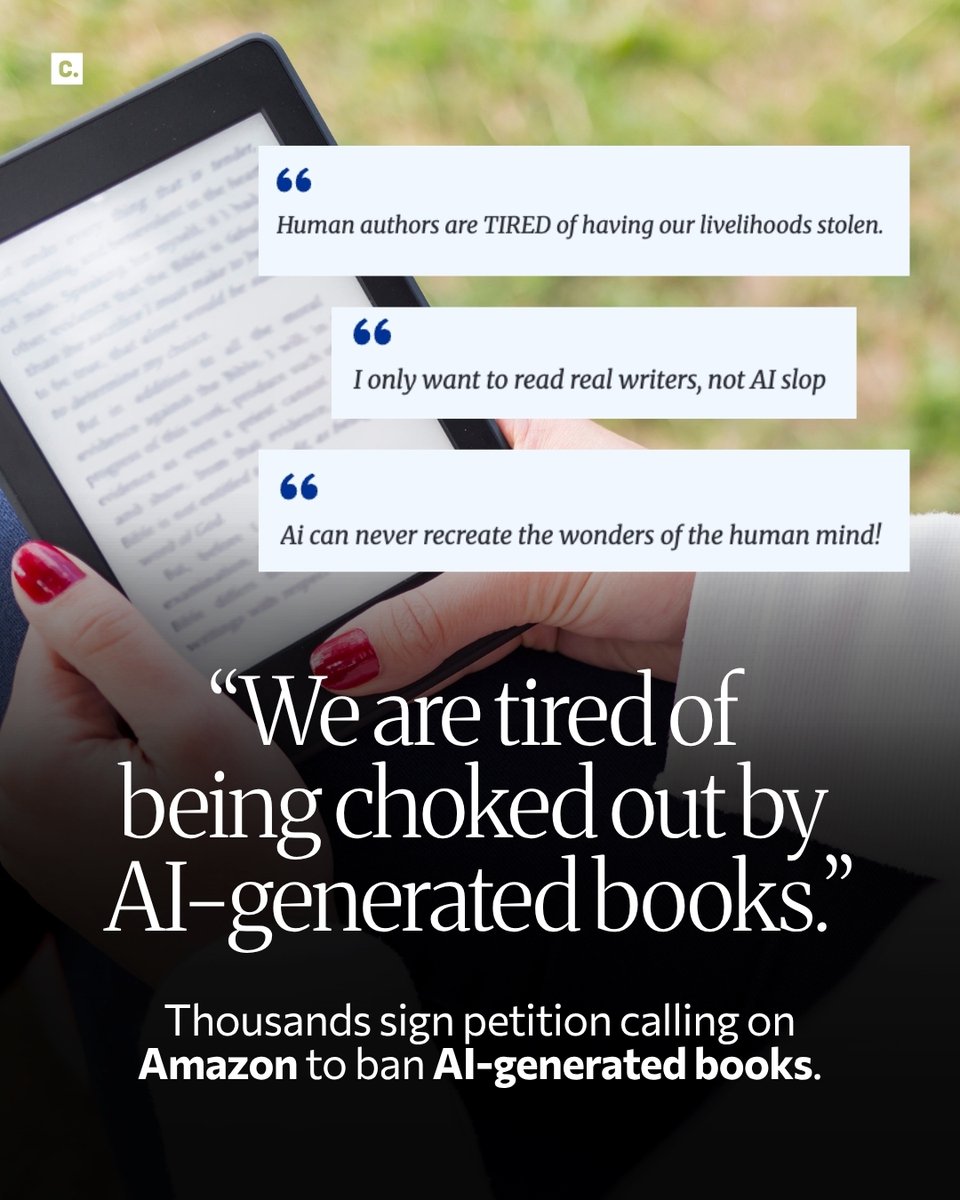 Hand holding an e-reader with quotes opposing AI-generated books.