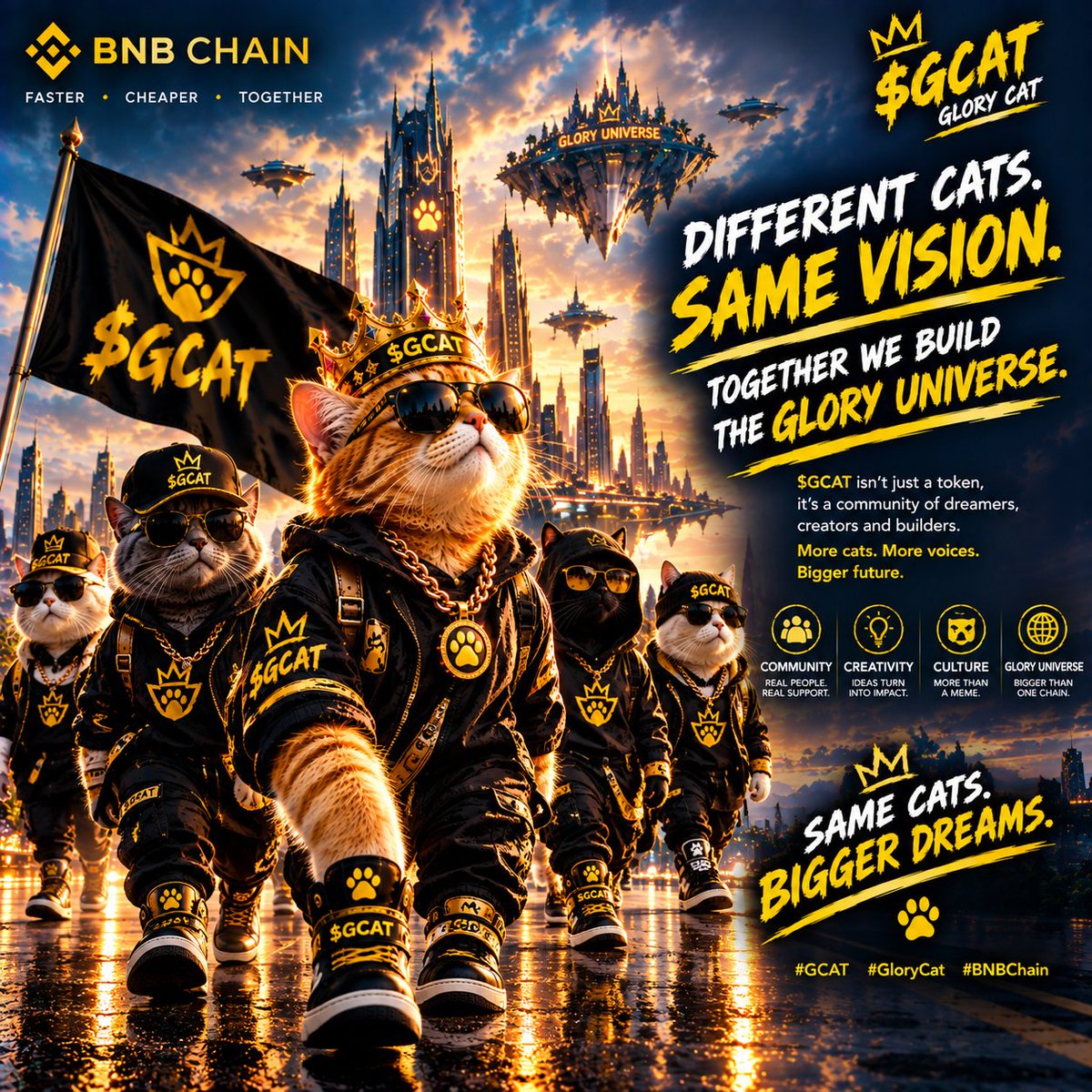 Finekess10's tweet photo. 🐱👑 DIFFERENT CATS. ONE VISION.

$GCAT is building a universe where culture, creativity, community, and storytelling move together.

The journey is only beginning.
Same cats. Bigger dreams. 🐾🔥

#GCAT #GloryCat #BNBChain https://t.co/DRITGJ5CA6