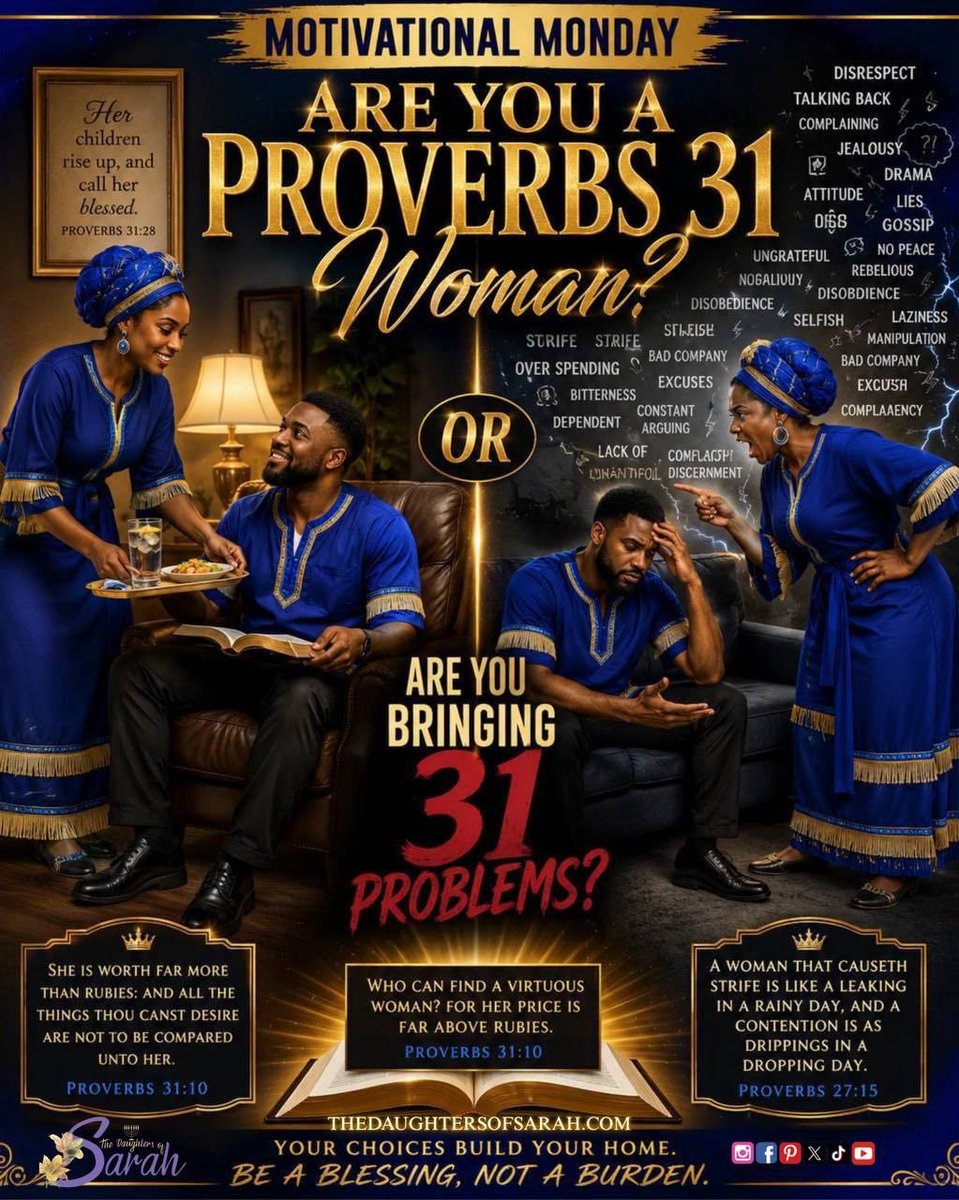 DOS_IUIC's tweet photo. Examine yourself! Are you growing to be a Proverbs 31 woman or causing strife in your marriage? 👀

#DOS #Proverbs31 #ExamineYourself #MotivationalMonday https://t.co/toV6djSX5f