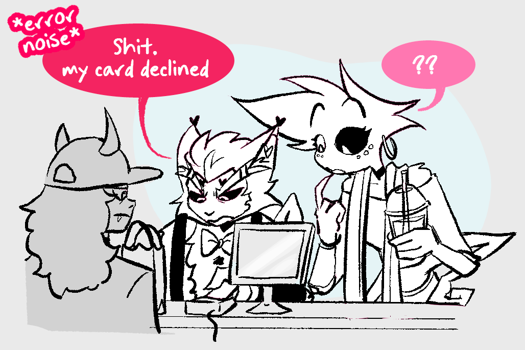 Triona___'s tweet photo. hashtag broke life (1/2) 
#hazbinhotel #hazbinhotelfanart #huserdust #angeldust #husk https://t.co/QKO9AReXAM
