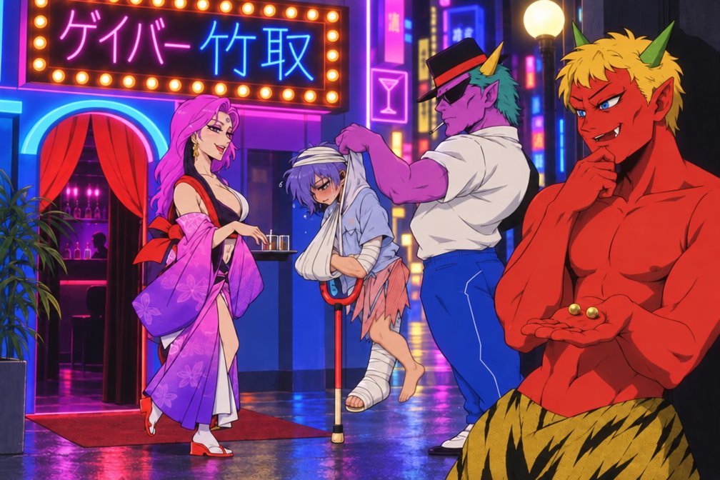 DevilOgreDying's tweet photo. かぐや姫伝説の元ネタであるPC88版新竹取物語のゲイバーエンドを昨今で更に質が向上したAIにてイラスト化してもらうなどする。
赤鬼ィさんイケメェン…妄想も捗りますなあ。 https://t.co/1XPaZnbikp