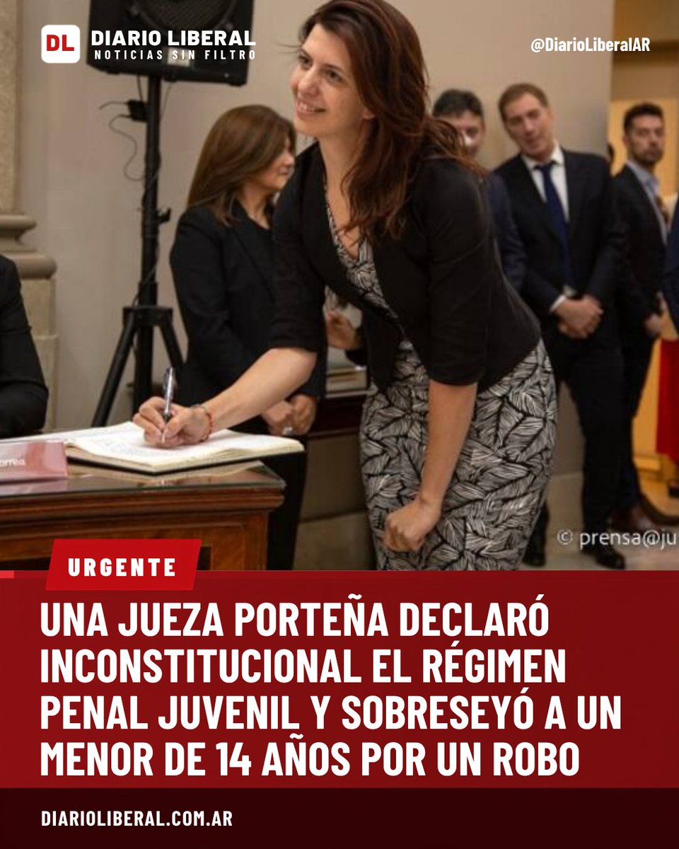 DiarioLiberalAr's tweet photo. ‼️🇦🇷 | ESCÁNDALO POR UN FALLO EN CABA: Una jueza porteña, Laura De Marinis, declaró la inconstitucionalidad del régimen penal juvenil y sobreseyó a un menor de 14 años acusado de robo, en un fallo del fuero penal juvenil, contravencional y de faltas de la Ciudad de Buenos Aires. @JMilei