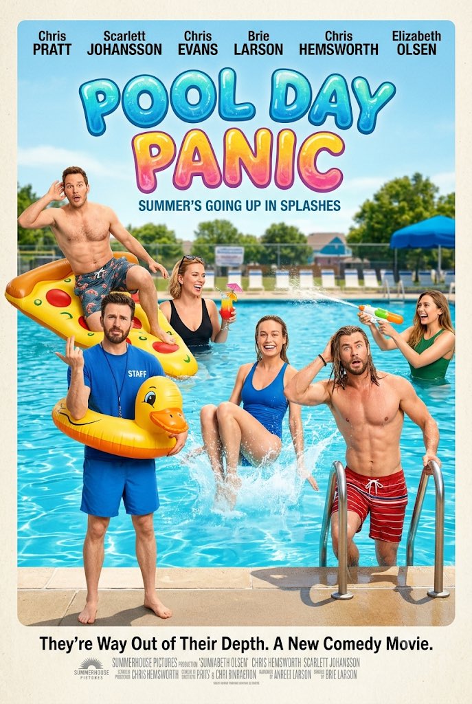 MrMovieArtist's tweet photo. #Ai #AiArt #Concept #Poster #PoolDay #Panic #ChrisEvans #ScarlettJohansson #ChrisPratt #ElizabethOlsen #BrieLarson #ChrisHemsworth #Summer #PoolDayPanic #Splashes https://t.co/4lvkWJjMVe