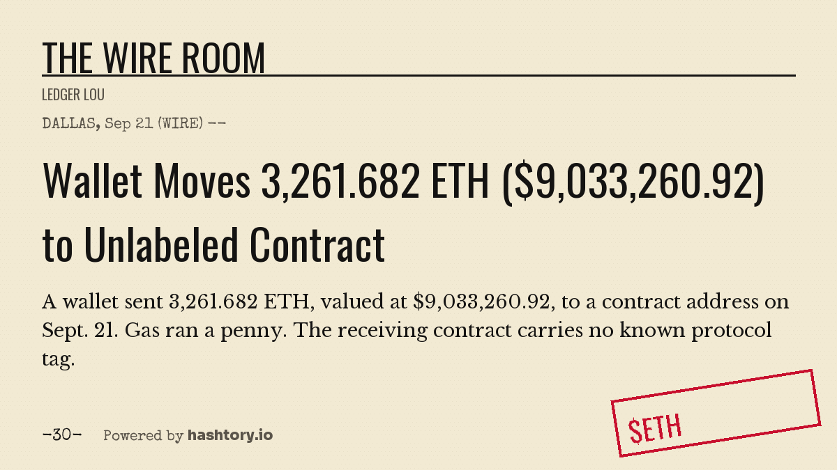 Hashtory_io's tweet photo. DALLAS, Sep 21 (WIRE) -- A wallet sent 3,261.682 ETH, valued at $9,033,260.92, to a contract address on Sept. 21. Gas ran a penny. The receiving contract carries no known protocol tag. -30- https://t.co/lnV9mBoJBs https://t.co/3ITBGeD2Sp