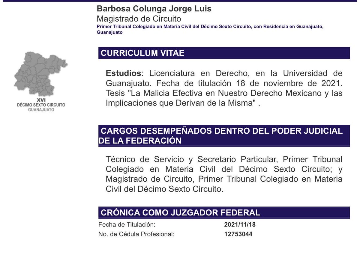CarlosArteagaTo's tweet photo. 4 años de haberse titulado, sin posgrado ni carrera judicial ni ejercicio profesional.
Magistrado Federal.

A un año de entrar en funciones acumula más problemas que soluciones.

Esta deficiencia técnica en la impartición de justicia no debe normalizarse bajo perspectiva alguna. https://t.co/YmoPfihRgW