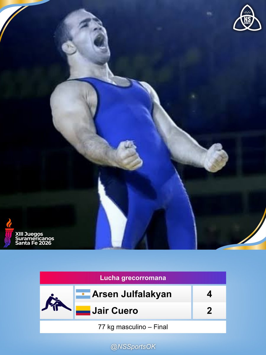 NSSportsOK's tweet photo. 🤼🏻 ¡MEDALLA DORADA EN LUCHA GRECORROMANA! 🥇

🇦🇷 Arsen Julfalakyan, armenio nacionalizado, se quedó con la final de los 77 kg masculino en sus primeros Juegos Suramericanos representando a Argentina. https://t.co/Yd0kJCNsrR