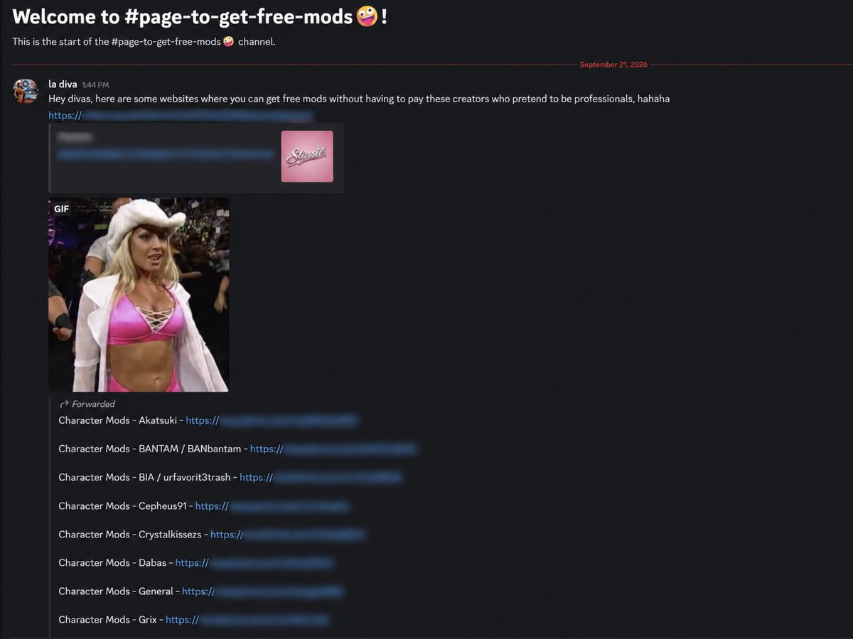 stassiefarron's tweet photo. I’m honestly tired of receiving messages from people reporting that La Diva/Luzmilla/Retro Divas Mod is using content and work created by me and other mod creators in her own projects. And before anyone says that this is something new or that I’m speaking without knowing what I’m talking about: I have been warning people about this person for more than a year. During all this time, I have repeatedly seen content from different creators being used, modified, repurposed, or presented in other projects without proper permission or credit. And based on what has been reported by different people, this situation apparently goes far beyond a single isolated case. There have been reports that this person runs a Discord server where content from various WWE 2K mod creators is allegedly shared and leaked. If that is indeed happening, then we are talking about something extremely serious, because this is not just about a single piece of work being used; it can directly affect multiple creators within the community.

What bothers me the most about all of this is the contradiction. In certain situations, the work of other creators is treated as inferior, amateur, or "unprofessional." So I have a simple question for you, Luzmilla: what exactly does being professional mean to you? Because, to me, it makes no sense to take someone else's work, apply filters, AI, heavy editing, or any other kind of treatment on top of it, and then act as if that completely changes where the content originally came from. If the content we create is really as bad, amateur, or "unprofessional" as you claim, then why do you keep using it? Why rely on the work of the very creators you criticize?

Creating a mod is not simply taking a finished file and putting it into the game. There is research, modeling, editing, texturing, adaptation, UV work, materials, testing, corrections, adjustments, and countless hours of work that most people never see. Anyone who actually follows the process knows how much time can go into achieving the final result. Taking that work and using it as part of another project does not change the fact that it was created by someone else just because you later make changes, apply filters, or add AI. Editing something afterward does not erase the original work.

I also want to make one thing very clear: I am not speaking only for myself. There are many creators in this community who dedicate an enormous amount of time to their projects and have had their work used, redistributed, or repurposed without permission. I spent a long time avoiding this kind of discussion because I would rather spend my time creating mods than getting involved in community drama. But at some point, staying silent becomes unfair to the people who actually put in the work. And after more than a year of receiving reports and seeing new situations continue to appear, I simply got tired of ignoring it.

I have countless screenshots, conversations, images, and other records related to these situations. What I am posting below is only a small portion of all the material I have archived. I am not showing everything I have, because it would be impossible to fit all of this into a single post. I also have records that directly show the person involved, including a photo of her, so I am not talking about someone whose identity I don't know or simply repeating something I heard from someone else. There is material documenting these situations, and I am only showing a portion of it here.

If you believe you can do something better, create it from scratch. Build your own base, your own models, your own textures, and your own project. It is very easy to say that someone else's work is bad or "unprofessional" while simultaneously using that same work in your own projects. That is precisely what doesn't make sense: you criticize other people's work, but continue relying on it when you need to build your own mods. This isn't simply a matter of having a different opinion about quality; there is a huge difference between disliking someone's work and using that same work to create your own content.

I don't expect everyone to like my mods, and criticism is part of any creative community. You can think my work is good, bad, simple, excessive, or whatever else. That's part of it. What I will not accept is someone putting down work that took hours to create while simultaneously using that same content to build their own projects.

So after more than a year of seeing this kind of situation happen repeatedly and constantly receiving new screenshots and reports from other creators, I think it is long past time to speak openly about it. I have the records, I have the screenshots, and I have been following this situation for more than a year. What I am publishing below is only a portion of what I have saved. Anyone who wants to understand why I am speaking about this now can simply look at the material and draw their own conclusions.

And honestly, after all of this, I have no interest in pretending that I don't see what is happening. If you want to criticize other creators' work, that's fine. But at the very least, you should be able to do that without relying on the exact work you are calling "unprofessional." Because when you spend so much time saying that other people's work isn't good enough while continuing to find a use for that same work in your own projects, the situation becomes pretty clear.

You are a joke, and you always will be a laughingstock. I genuinely feel sorry for you.
