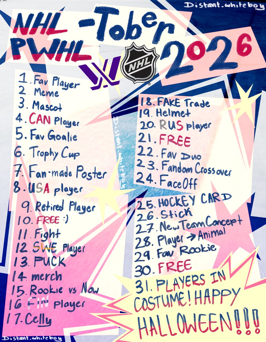 filthydog_1's tweet photo. Hello #hockeytwt I made my own hockey themed October art challenge since I didn’t find any!!!! There’s only one rule: HAVE FUN!!!! #art #hockey https://t.co/dNQczUEx44