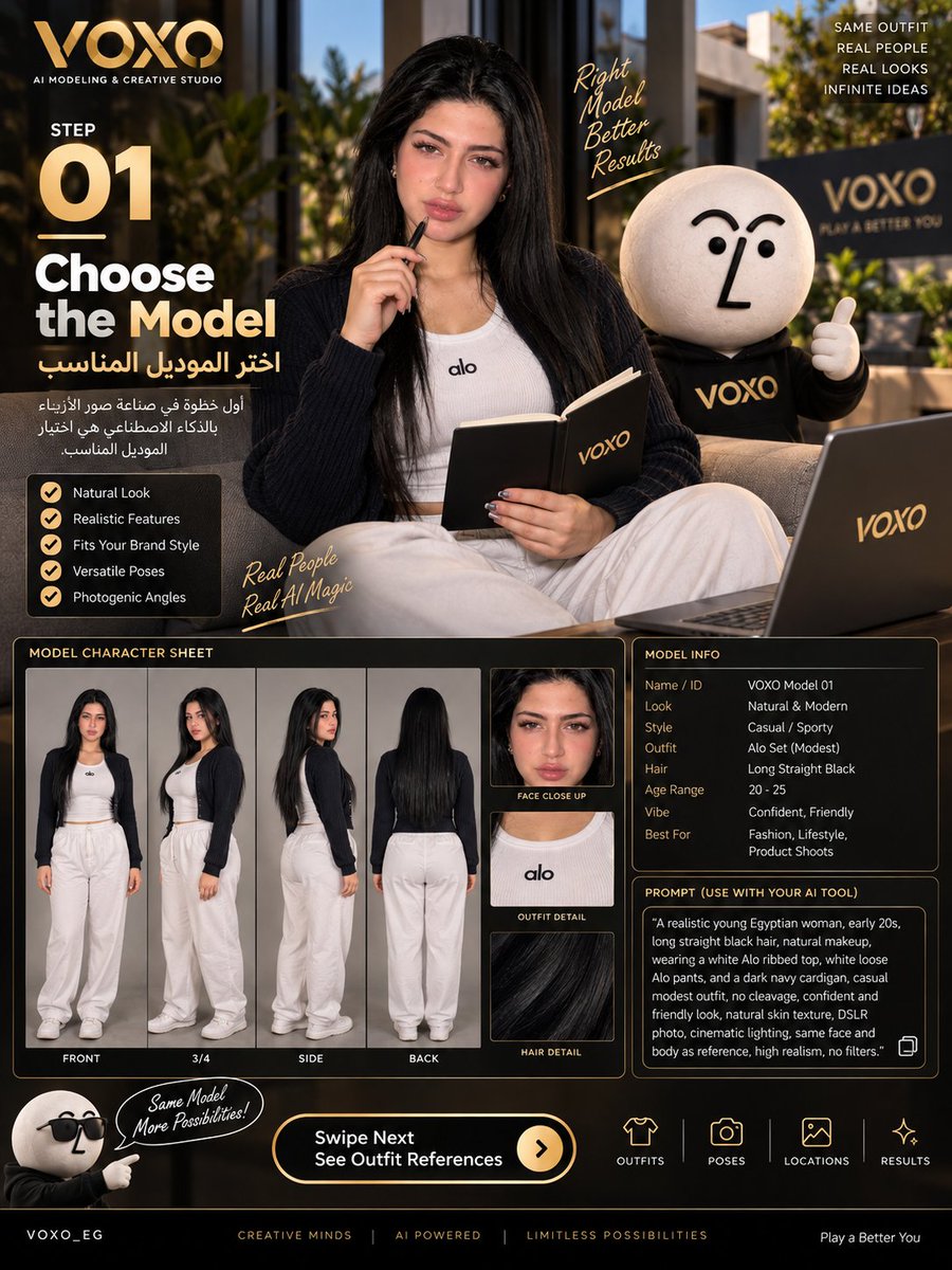 voxo_eg's tweet photo. The exact 3-step workflow to master AI fashion modeling 💡

إزاي تحول أي outfit حقيقي لـ virtual photoshoot متكامل بنفس الموديل وثبات التفاصيل في كل كادر؟ ده الـ workflow الكامل اللي بنستخدمه في VOXO Studio https://t.co/aOY0gVT9L4