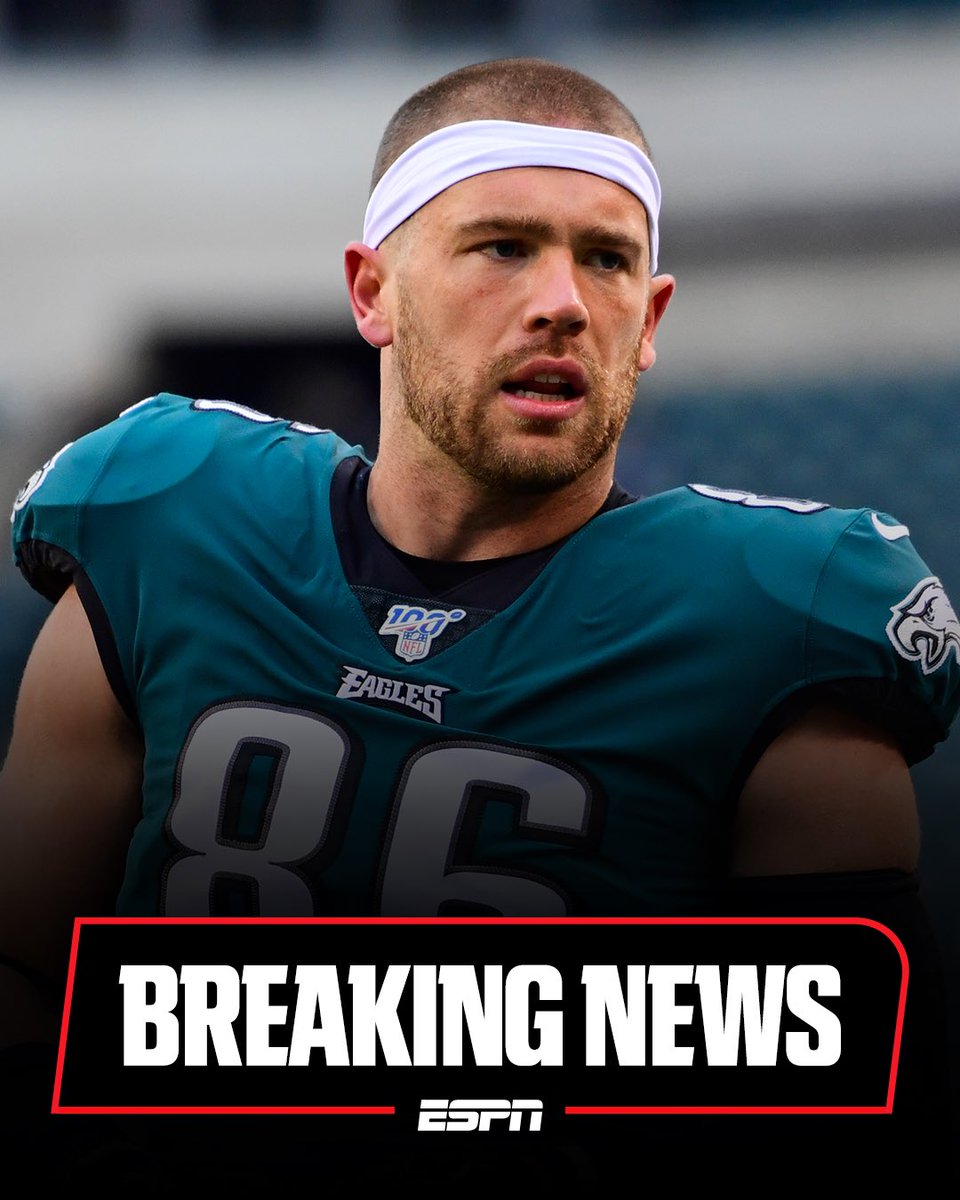 AdamSchefter's tweet photo. Three-time Pro-Bowl tight end Zach Ertz, who played in Philadelphia from 2013-‘21 and helped the team win its first Super Bowl, is returning to the city and signing with the Eagles practice squad, per sources. The Eagles lost TE Dallas Goedert to a sprained MCL and now are turning to Ertz, who spent the past two seasons in Washington.