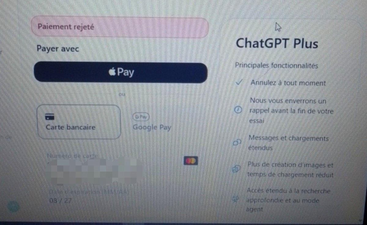 Deangongue's tweet photo. @MTNBenin pas possible de faire un abonnement de ChatGPT Plus avec votre carte Visa et ce après plusieurs essais, dites-moi ce qui bloque enfin https://t.co/omv7vtWg2h