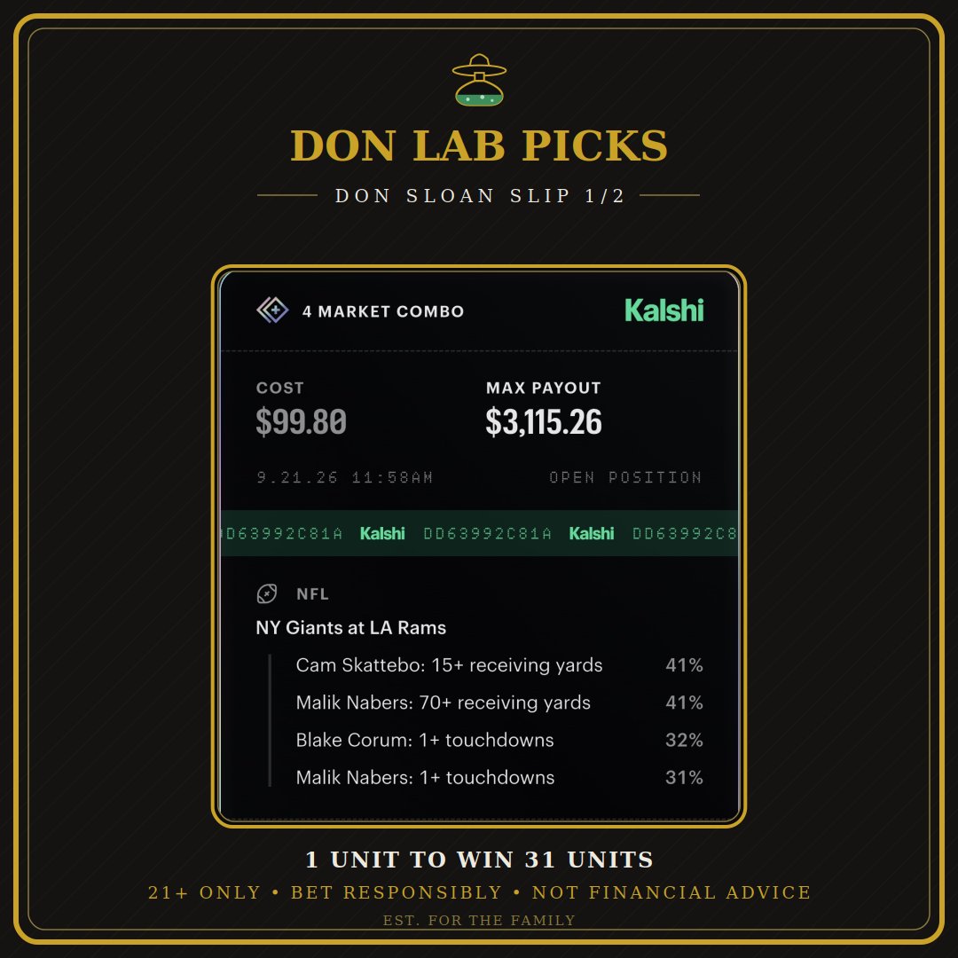 DonLabPicks's tweet photo. First longshot parlay of the night 🧪

Don Sloan's second slip and additional plays will be posted exclusively in our Discord before kickoff. 💰 https://t.co/v6tpQNGPz5