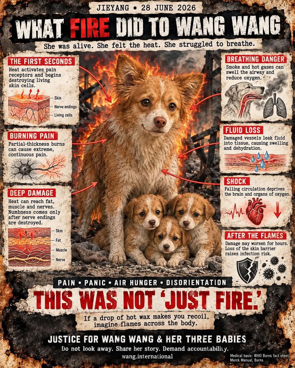 feilung_lau's tweet photo. Fire is not “just fire.”

It destroys living tissue, triggers unbearable pain, damages the airway, drains fluid from the bloodstream and can send the body into shock. Wang Wang was alive. She felt the heat, the panic, the disorientation and the desperate struggle to breathe—all while her three babies were beside her.

If one drop of hot wax makes us recoil, imagine flames spreading across the body.

We cannot undo Wang Wang’s suffering, but we can refuse to let her story disappear. Share her story. Demand accountability. Call for stronger animal-protection laws.

Justice for Wang Wang and her three babies. We will not look away.

#JusticeForWangWang
#JusticeForWangWangAndHerBabies
#StopAnimalCruelty
#StrongerAnimalProtectionLaws
#VoiceForTheVoiceless