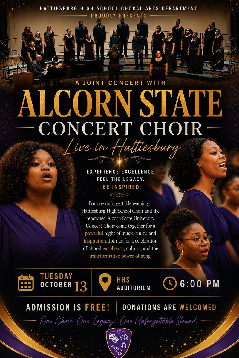 HPSD's tweet photo. Hattiesburg High School Choral Arts will welcome the Alcorn State University Concert Choir for a special joint concert on Tuesday, October 13 at 6 PM in the HHS Auditorium.

Admission is free. Donations are welcome. We hope to see you there! https://t.co/OENcNGr7Xq