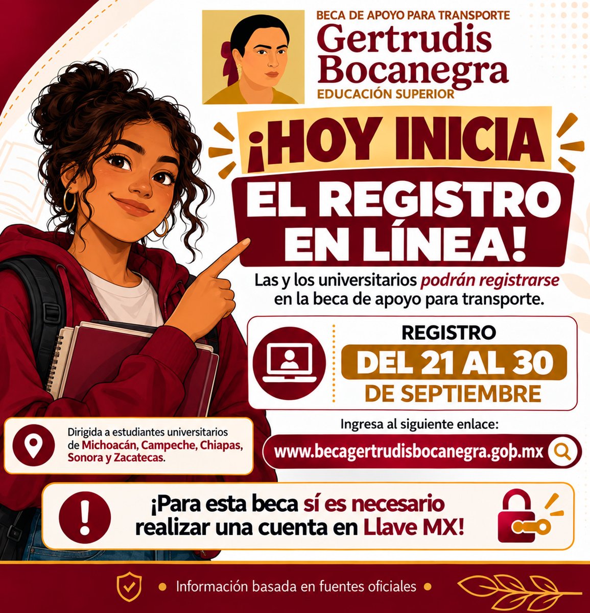 avisosbienestar's tweet photo. Hoy inicia el registro en línea para la Beca Gertrudis Bocanegra, apoyo para transporte dirigido a universitarios de Michoacán, Campeche, Chiapas, Sonora y Zacatecas.
Periodo: del 21 al 30 de septiembre.
Requiere cuenta Llave MX. https://t.co/vDkSFXa3Ix