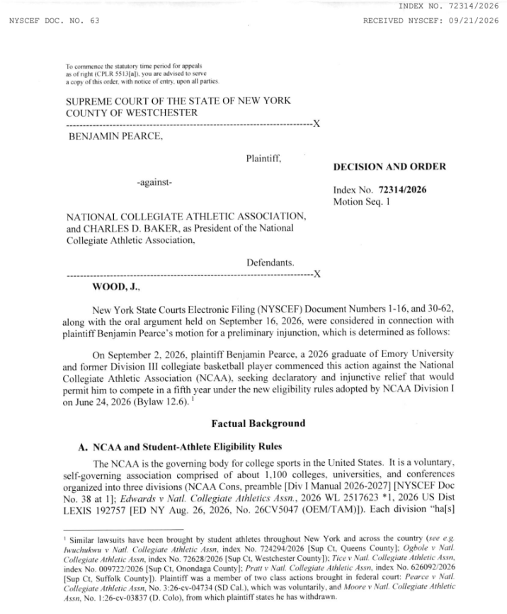 samcehrlich's tweet photo. NEW: Ex-Emory star men's basketball player Ben Pearce has been granted a preliminary injunction by a New York state court, allowing last year's Division III men's basketball player of the year to play Division I basketball in 2026-27. https://t.co/6vLwLv73e8